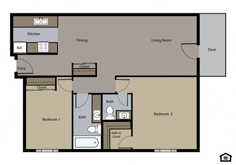 Floor plan for 2 beds, 1.5 baths, 980 sqft